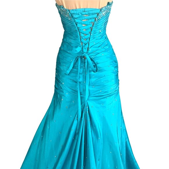 Mori Lee Strapless Ball Gown 3/4 Blue Sweetheart Neckline Sparkly Mermaid Corset - Picture 5 of 15